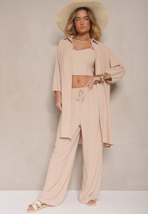 Beżowy Komplet Spodnie z Gumką w Pasie Top i Długa Koszula Arives