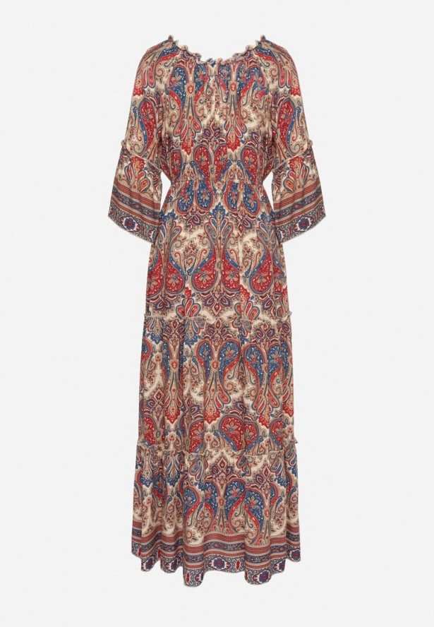 Czerwona Rozkloszowana Sukienka Bawełniana we Wzór Paisley z Chwostami Elliassa