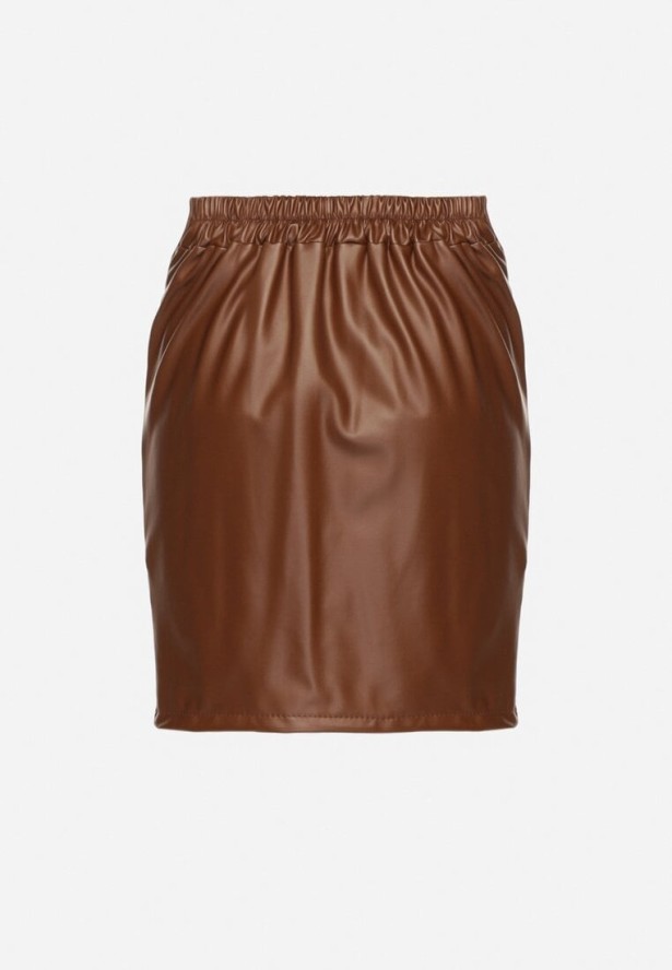 Brązowa Spódnica z Imitacji Skóry Marszczona Asymetryczna Vephi