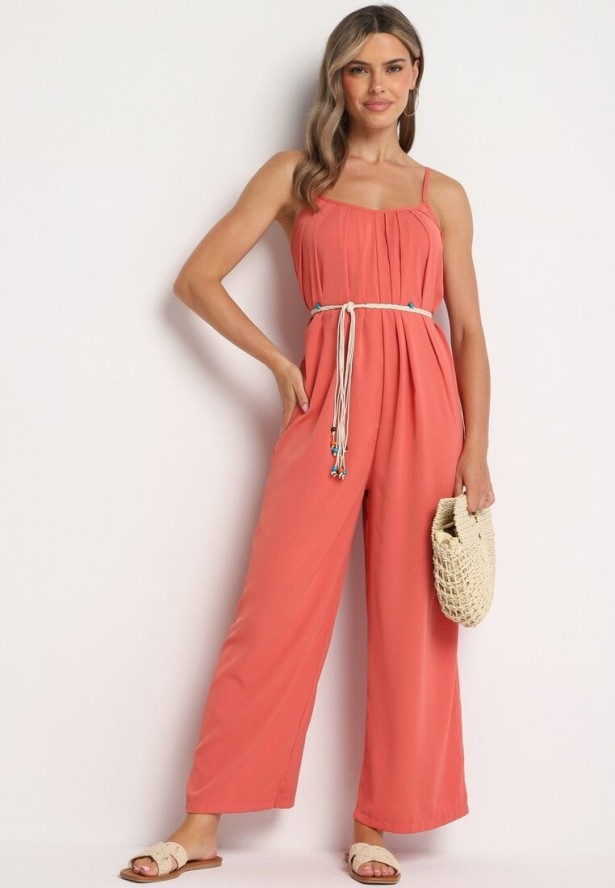 Czerwony Kombinezon na Cienkich Regulowanych Ramiączkach ze Ściągaczem w Talii Huetta