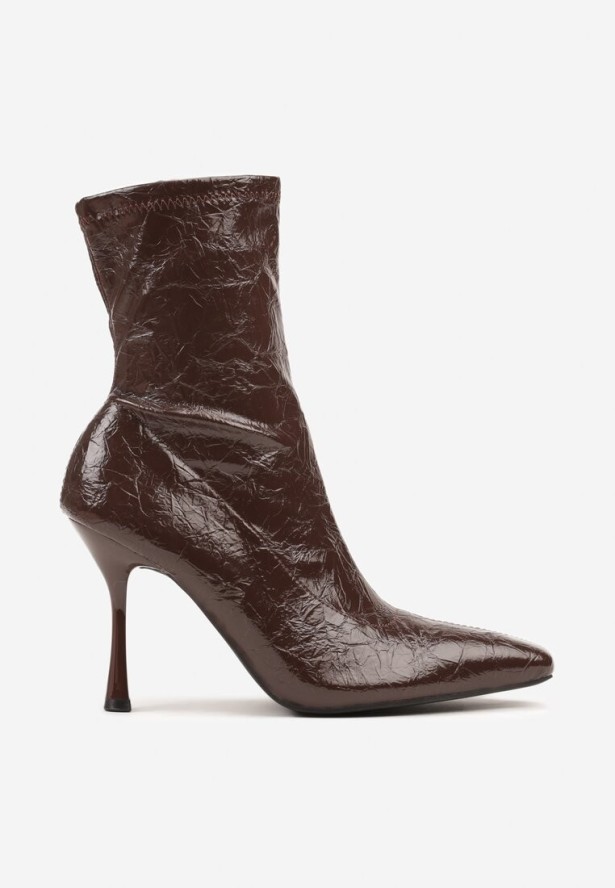 Brązowe Eleganckie Botki Vices na Szpilce z Tłoczoną Cholewką do Kostki Tedvire