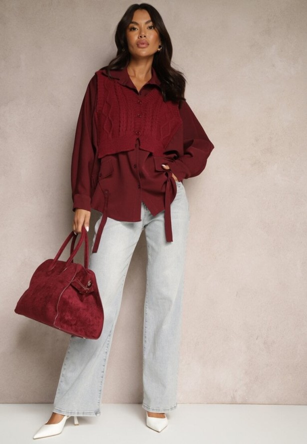 Bordowa Koszula Nietoperz z Naszytą Kamizelką z Dzianiny Hanoreth