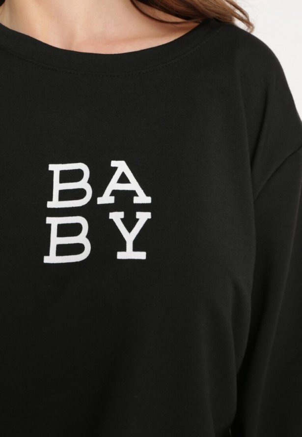 Czarny 2-Częściowy Komplet Dresowy Bluza z Nadrukiem i Luźne Szorty z Kieszeniami Ridana