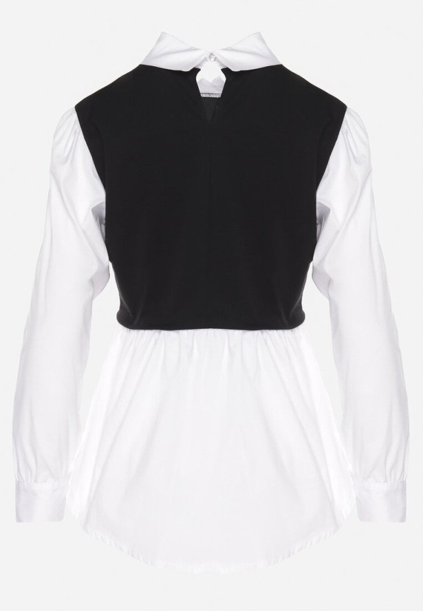 Czarna Rozkloszowana Bluzka Koszulowa z Wiskozą z Wszytą Kamizelką z Cyrkoniami Uliaviela