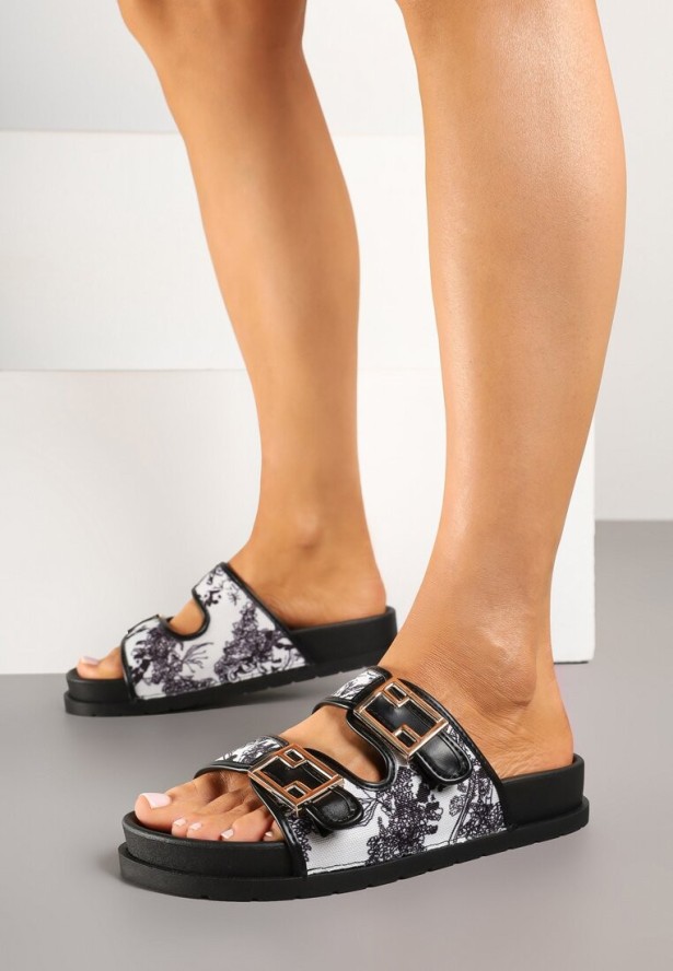 Czarno-Białe Casualowe Klapki z Paskami z Klamrami Redunise