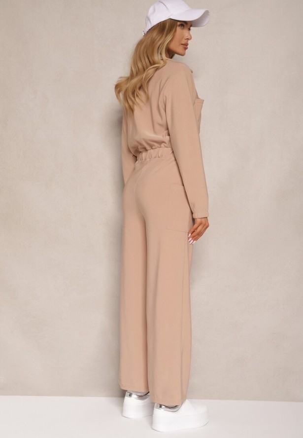 Ciemnobeżowy Kombinezon z Elastyczną Gumką w Pasie z Dodatkowym Wiązaniem o Luźnym Kroju Creera