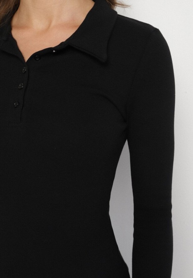 Czarna Bawełniana Bluzka Prążkowana z Kołnierzykami i Guzikami Aneses