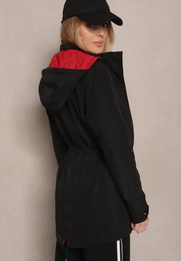 Czarno-Czerwona Kurtka Parka Dwustronna z Regulowanymi Rękawami i Odpinanym Kapturem Deneria