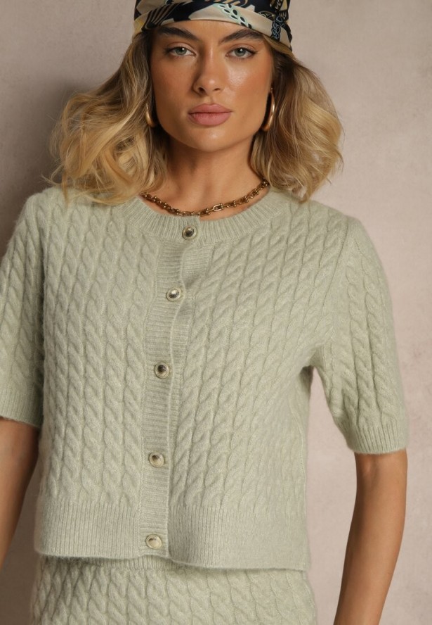 Jasnozielony Kardigan z Wełną i Ozdobnymi Guzikami i Tłoczeniem Halanira