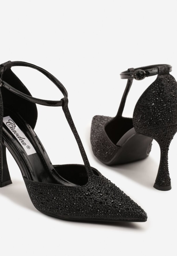 Czarne Sandały na Obcasie z Noskiem w Szpic i Zdobieniem z Cyrkonii Ulosiera