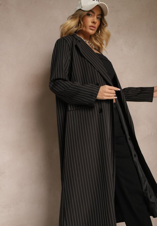 Czarny Płaszcz o Dwurzędowym Kroju w Stylu Marynarki w Paski Lanaritia