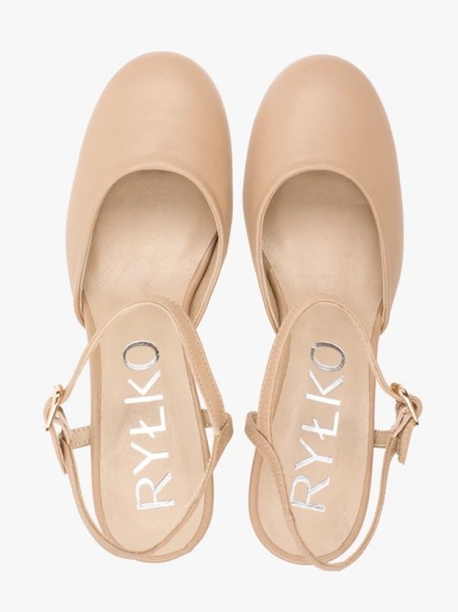 Beżowe czółenka slingback bez pięty ze skóry licowej