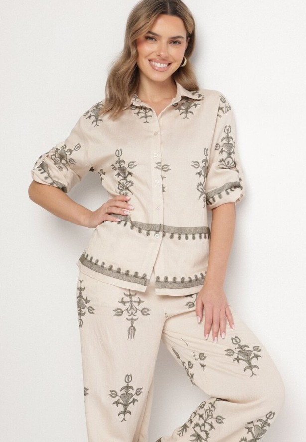 Beżowy Komplet z Wiskozy w Stylu Boho Koszula i Spodnie Zdobione Haftem Sarhiris