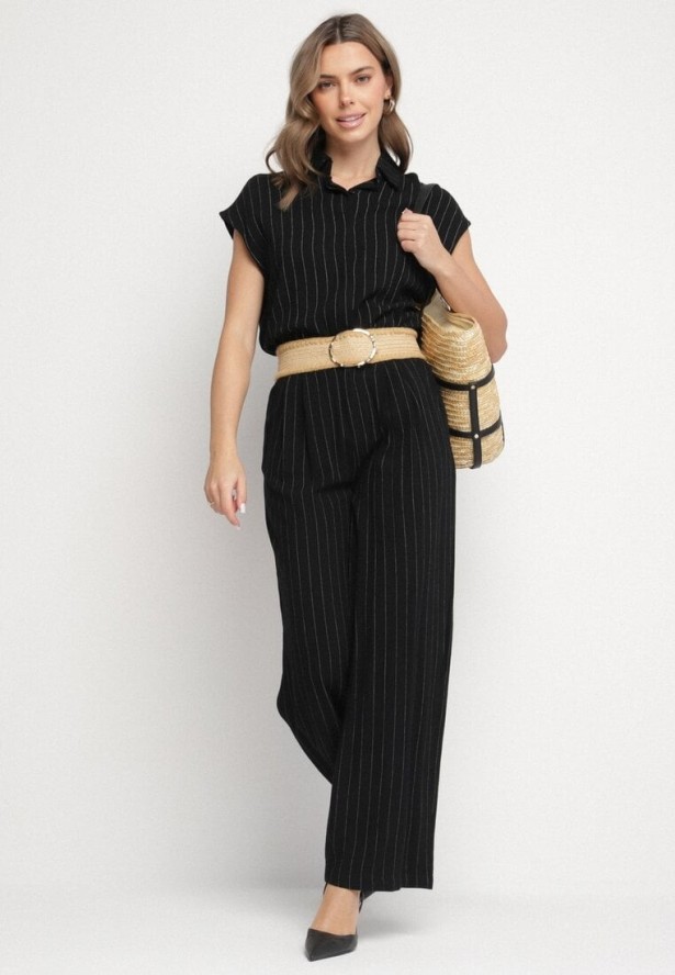 Czarny Wiskozowy Komplet w Paski Koszula z Krótkim Rękawem i Spodnie Dalirel