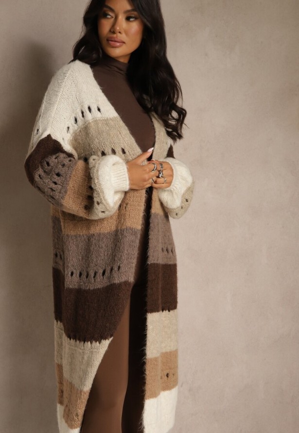 Beżowy Ażurowy Kardigan w Paski z Dodatkiem Wełny i Wiskozy o Długim Kroju Ilonine