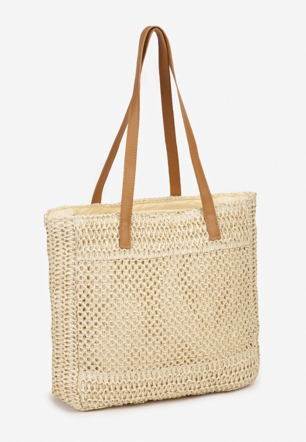 Jasnobeżowa Torebka z Plecionki z Ozdobnym Napisem Irubia