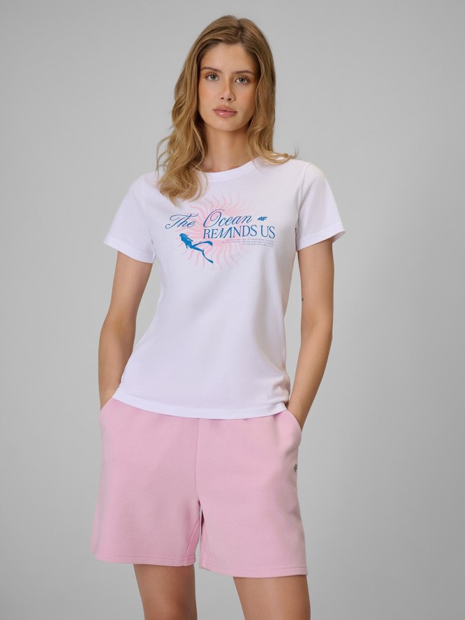 4F T-shirt regular z nadrukiem damski - biały XS