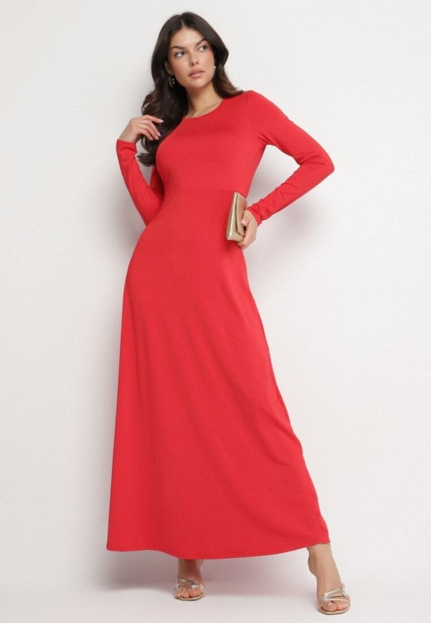 Czerwona Rozkloszowana Sukienka z Wiskozą z Odkrytymi Plecami i Wiązaniem Irellisa