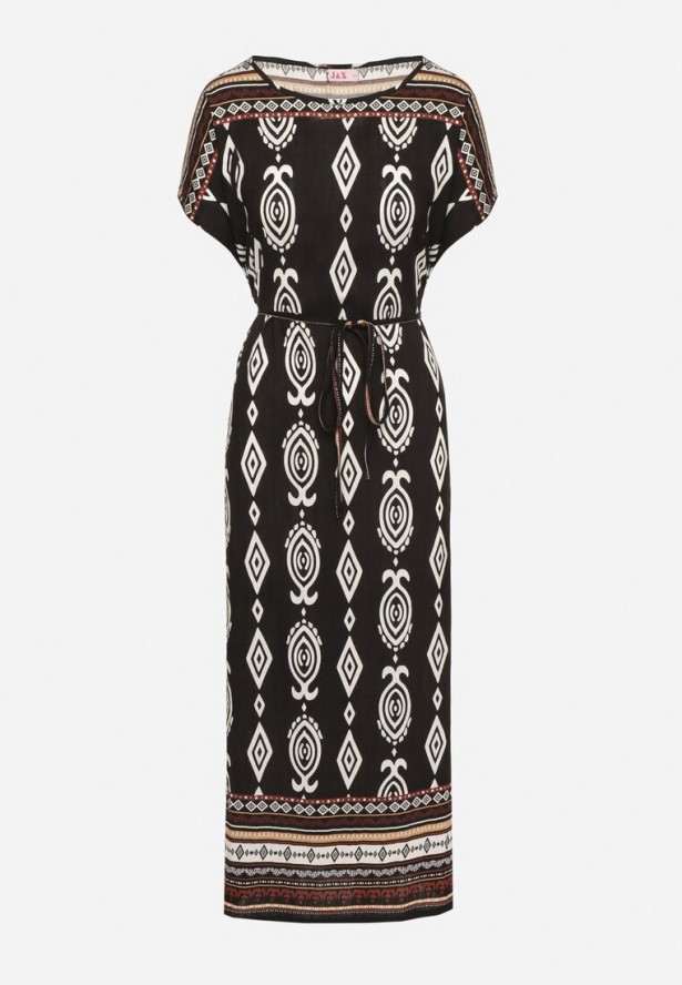 Czarna Pudełkowa Sukienka z Wiskozy w Etniczny Wzór Mirosela