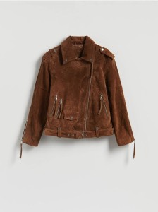 Zamszowa ramoneska oversize z paskiem - brązowy