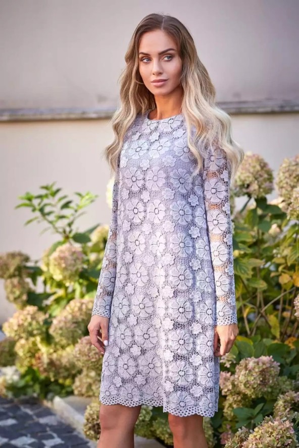 Sukienka na wesele koronkowa trapezowa midi szara