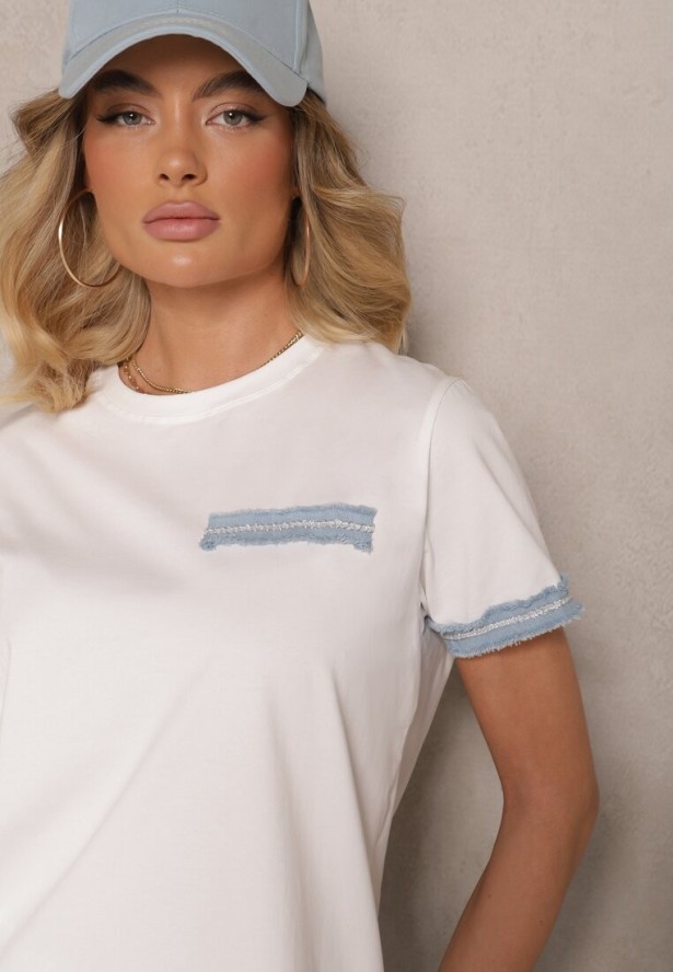 Biała Bawełniana Bluzka T-shirt Oversize z Ozdobnym Wykończeniem Mirnil