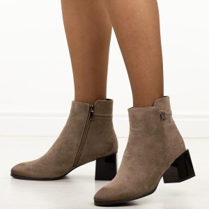 Khaki zamszowe botki damskie na obcasie Potocki 12743