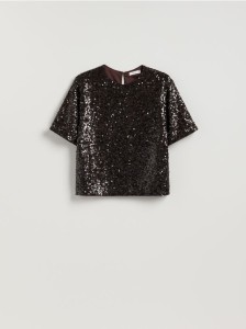 Cekinowy t-shirt boxy - ciemnobrązowy