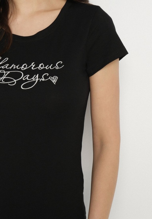 Czarny T-shirt z Bawełny z Ozdobnym Napisem Asemi