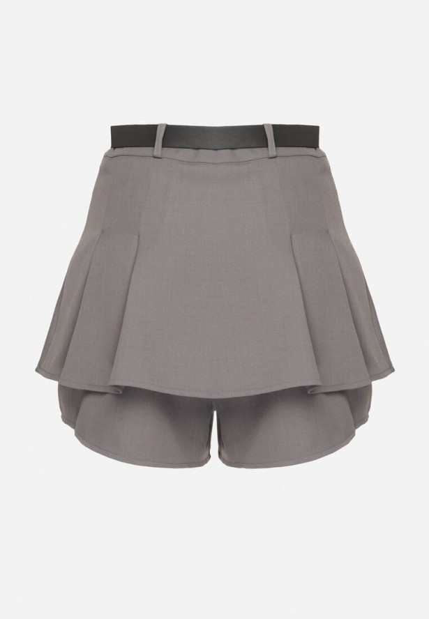 Szare Wiskozowe Spódnico-Szorty Ozdobione Guzikami i Paskiem Sanioris
