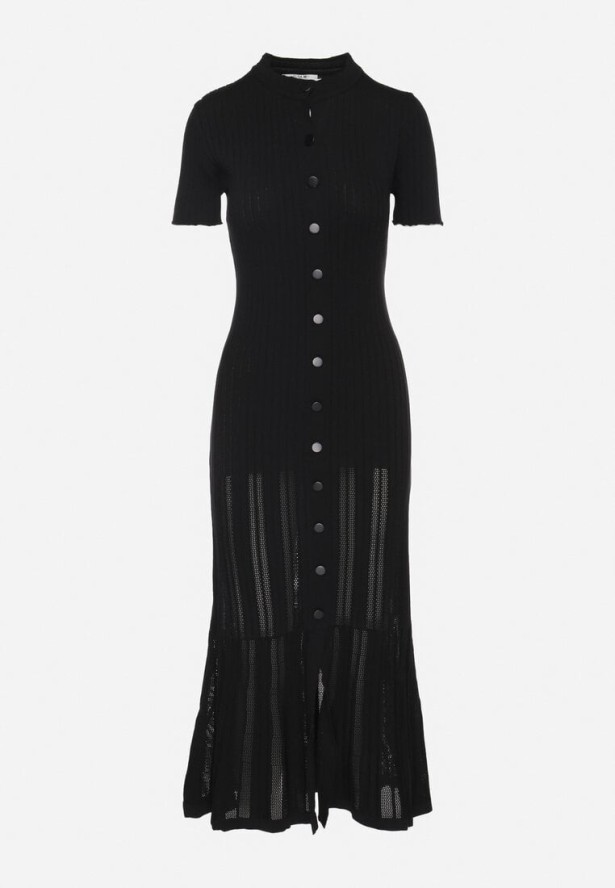 Czarna Wiskozowa Sukienka Dzianinowa o Dopasowanym Kroju z Guzikami Alutoria