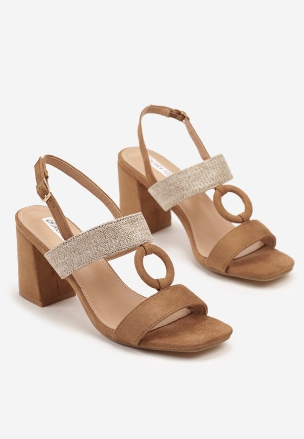 Brązowe Sandały na Obcasie z Plecionką i Okrągłą Ozdobą Telena