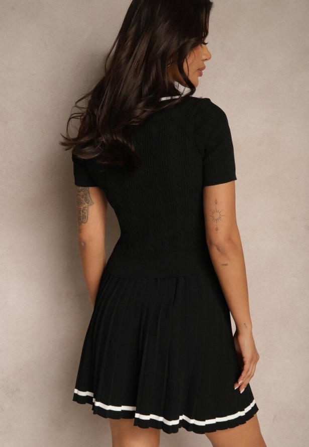 Czarny Komplet w Stylu Mundurka Sweter Polo z Krótkim Rękawem Kokardka i Spódnica Lariona