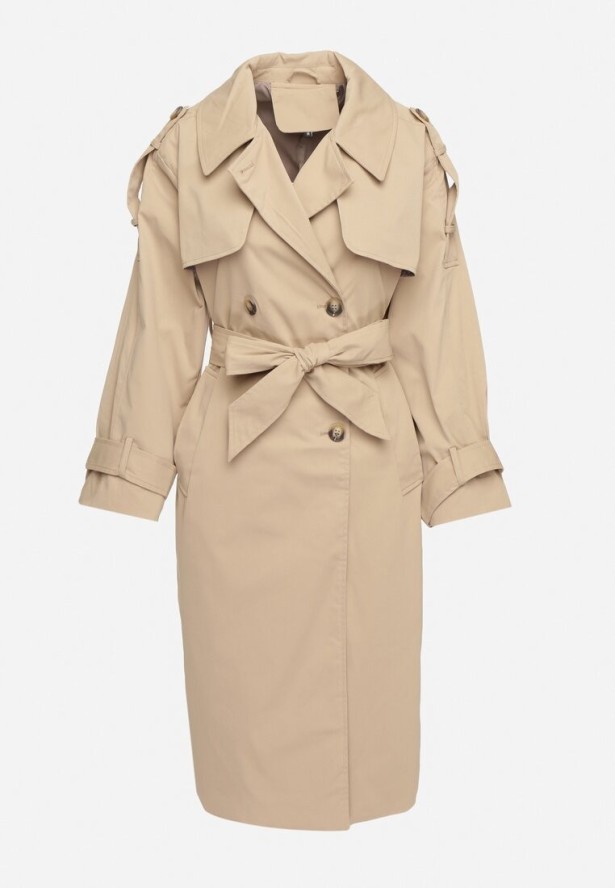 Ciemnobeżowy Dwurzędowy Płaszcz Trencz z Wiązanym Paskiem Rozcięciem i Klapą Terezi