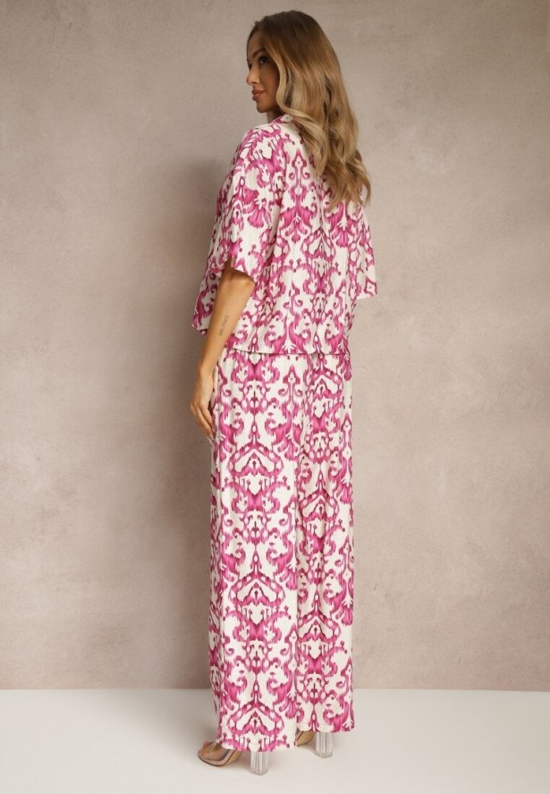 Różowy Wiskozowy Komplet w Ornamentalny Print Koszula i Szerokie Spodnie Sarilsa