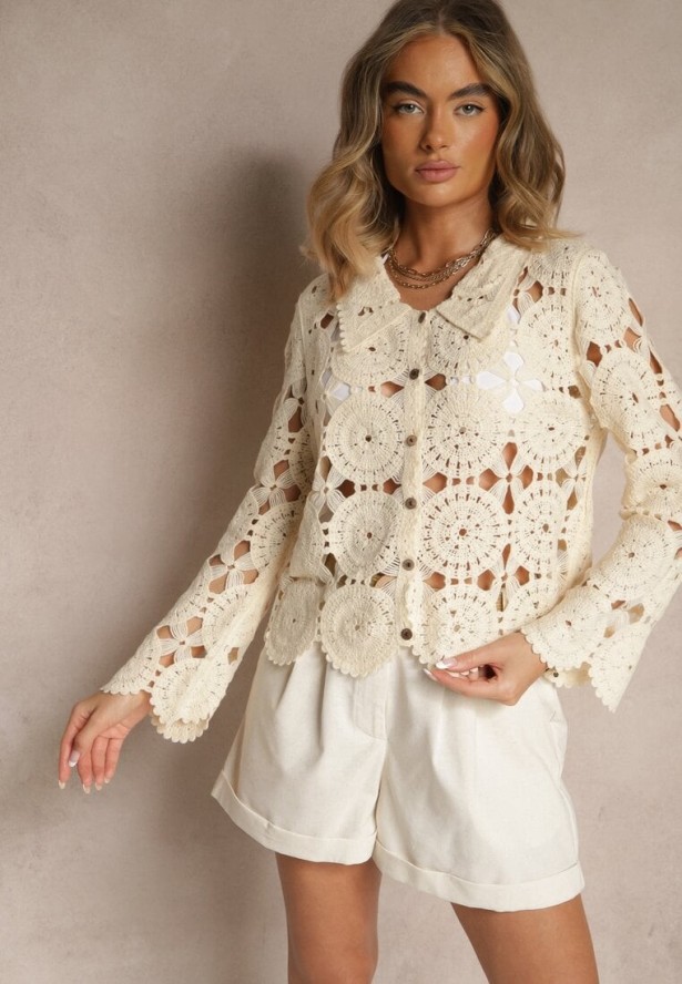 Beżowa Bawełniana Koszula w Stylu Boho z Ażurowej Tkaniny Baniria