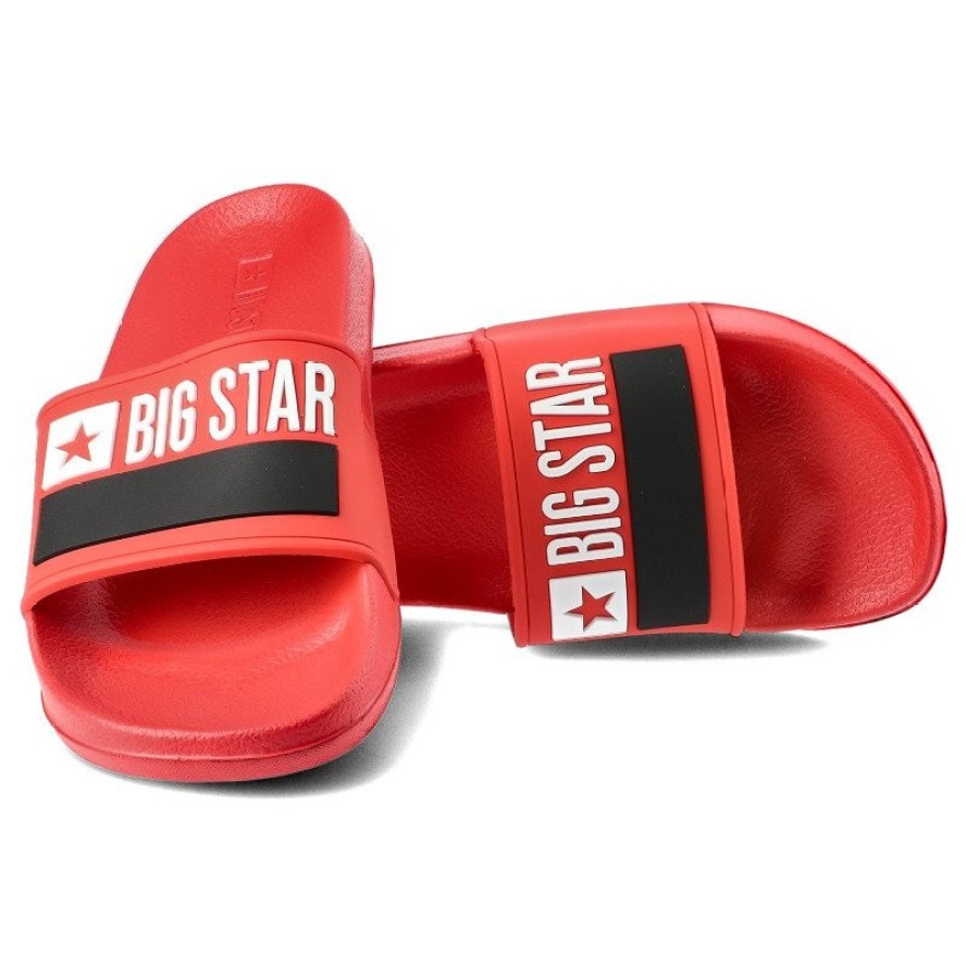 Klapki damskie Big Star, wykonane z materiału syntetycznego z szerokim paskiem na przodzie oraz płaską profilowaną podeszwą, czerwone, GG274A048