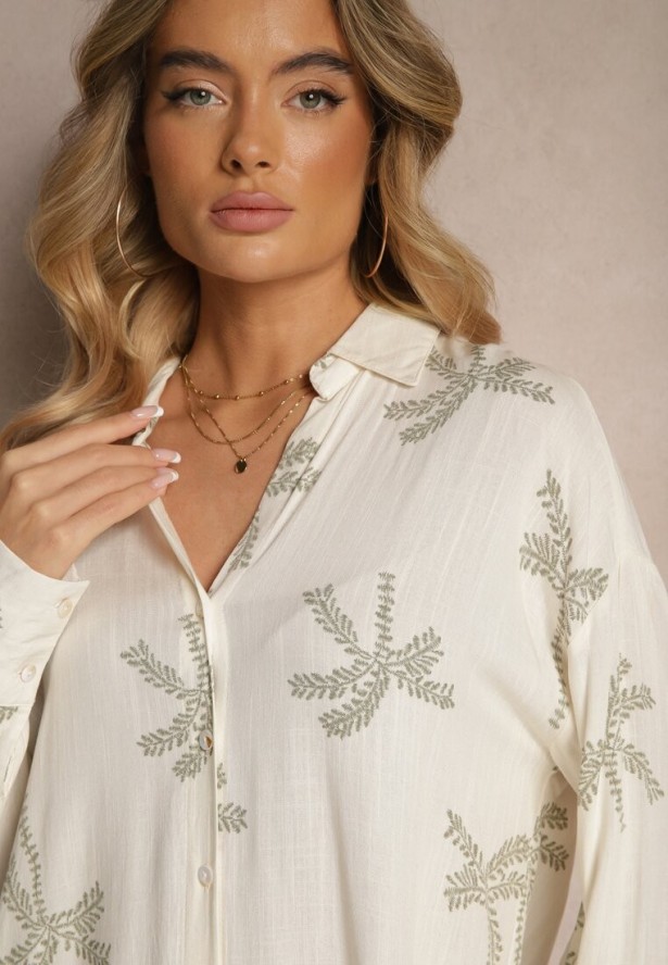 Biała Koszula z Wiskozy z Lnem w Liściasty Wzór Tatheia