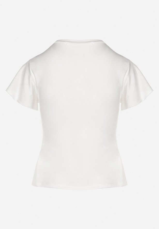 Biała Bluzka z Wiskozą o Asymetrycznym Kroju z Marszczeniem i Kwiatową Broszką Avelbia