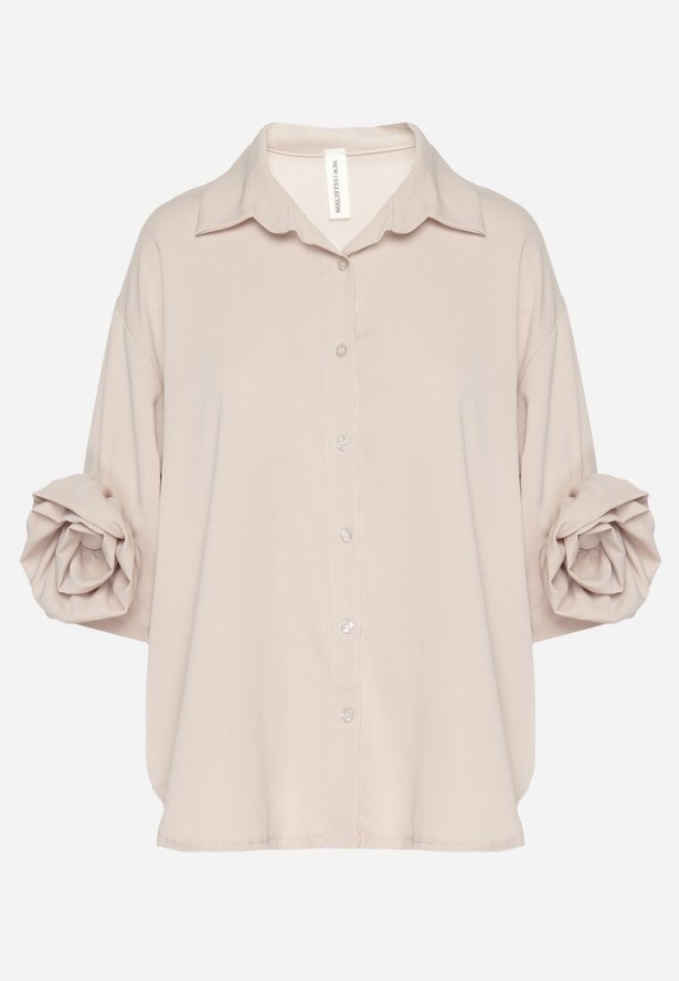 Beżowa Koszula z Aplikacjami Kwiatów 3D Tenemara