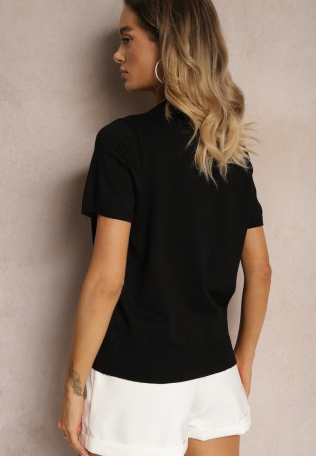 Czarna Bluzka z Wiskozy Ozdobiona Cekinami i Kryształkami Chaina