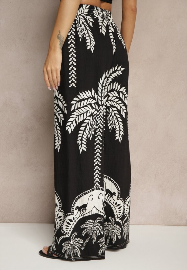 Czarne Spodnie z Wiskozy o Szerokim Kroju High Waist z Palmami Varritia