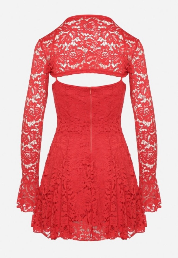 Czerwona Rozkloszowana Sukienka Koktajlowa z Koronką i Bolerkiem Eyrfedi