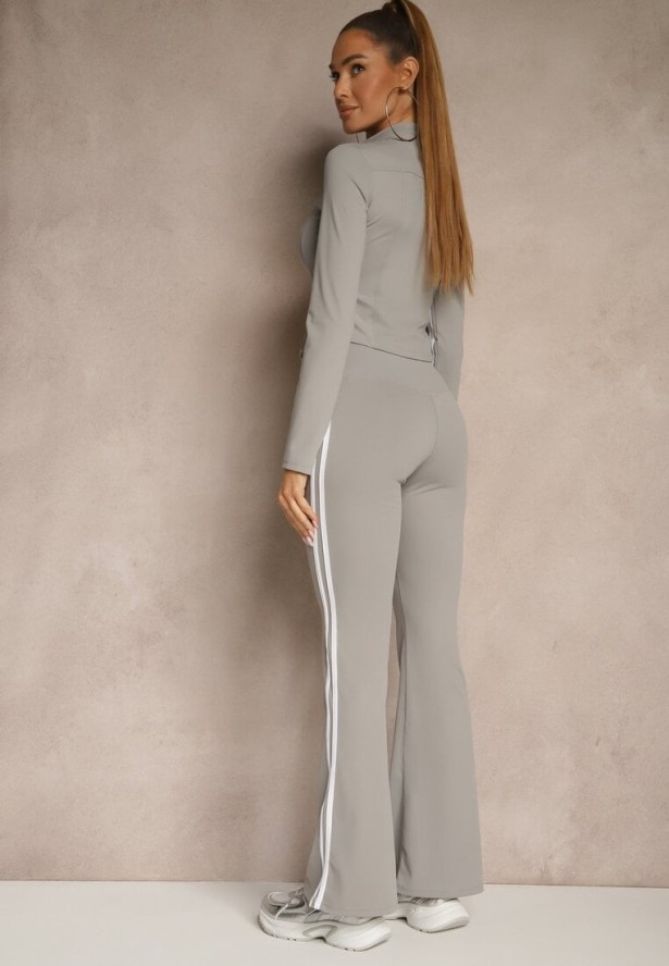 Jasnoszary Komplet Sportowy Spodnie Dzwony i Bluza na Suwak Lumonise
