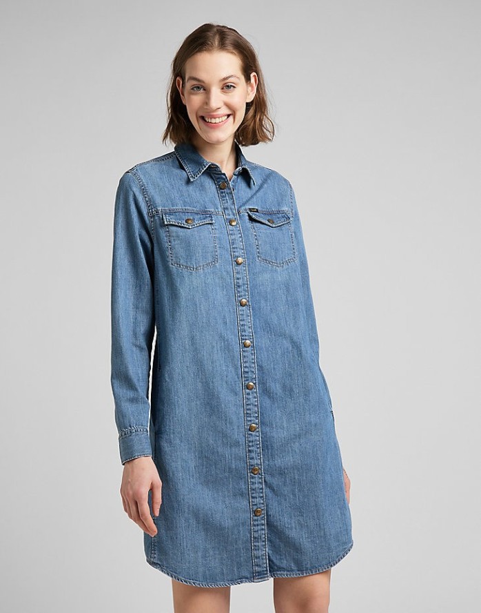 LEE SHIRT DRESS DAMSKA SUKIENKA JEANSOWA DŻINS MID STONE L50DPLVK 112145226