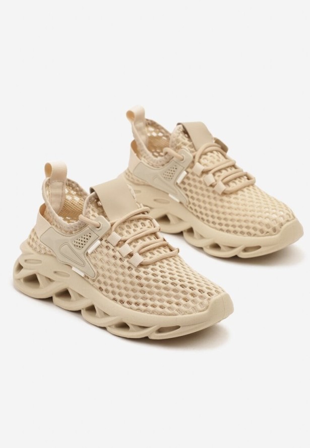 Ciemnobeżowe Siateczkowe Buty Sportowe Sneakersy na Grubej Tłoczonej Podeszwie Telarienna