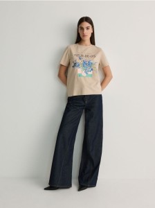 Bawełniany t-shirt z nadrukiem - beżowy