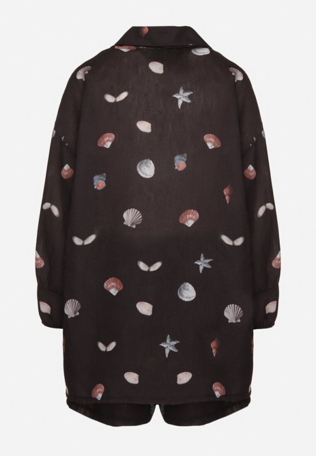 Czarny Komplet z Wiskozą Koszula i Szorty z Motywem Morskim Reivienne