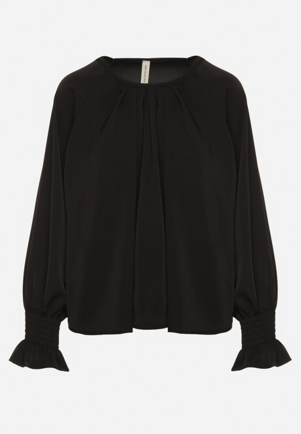 Czarna Bluzka z Ozdobnymi Falbankami Emitta