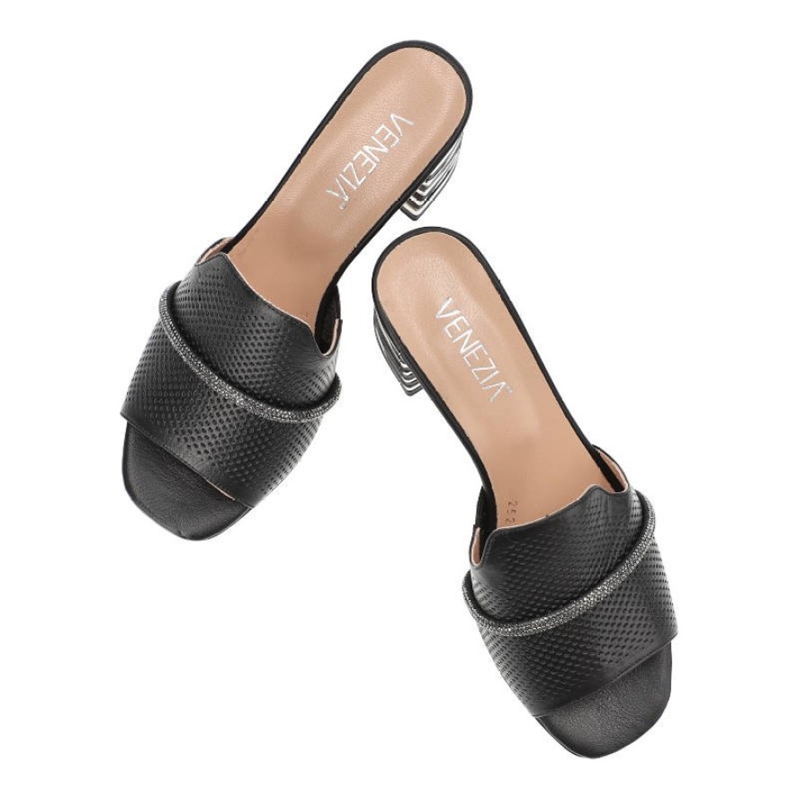 Czarne Klapki Venezia Eleganckie Skórzane Buty